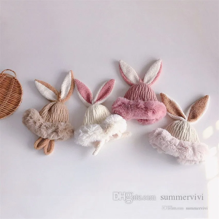 Små flickor pojkar tecknad kaninöron stickade hattar småbarn barn faux päls förtjockas varm mössa ins barn påskparti cap Q4626