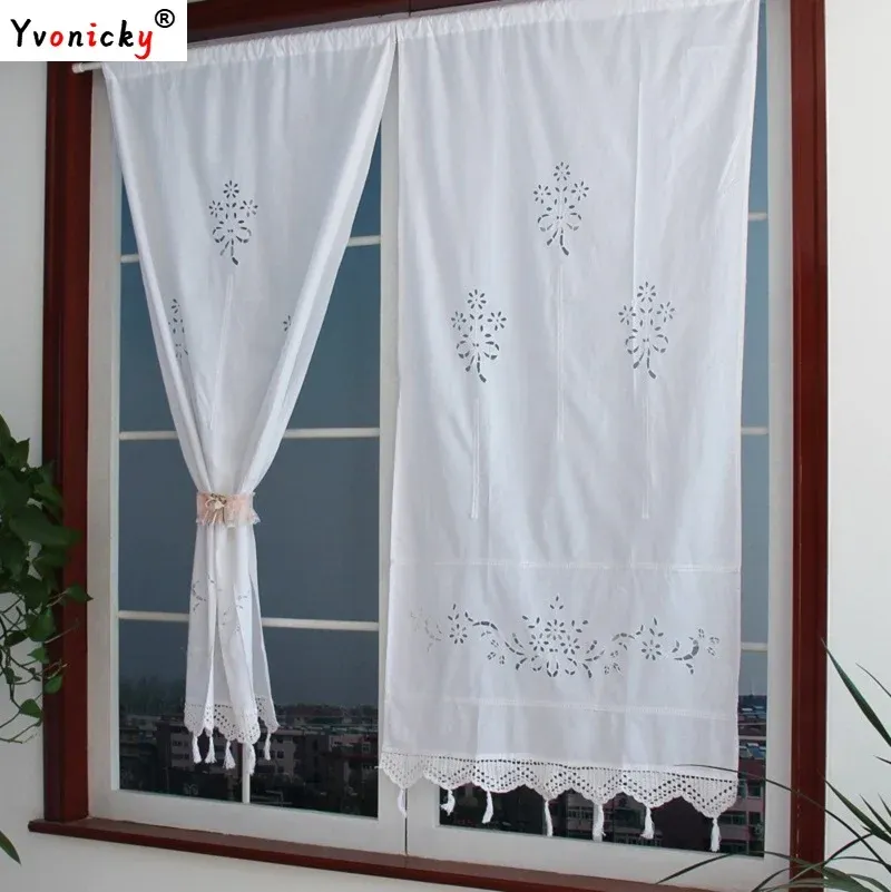 Curtains Pastoral Handmade Cotton Blackout Curtains Crochet Hollow Out Solid White Short Curtain Rod Pocket Kitchen Blinds with Tassels