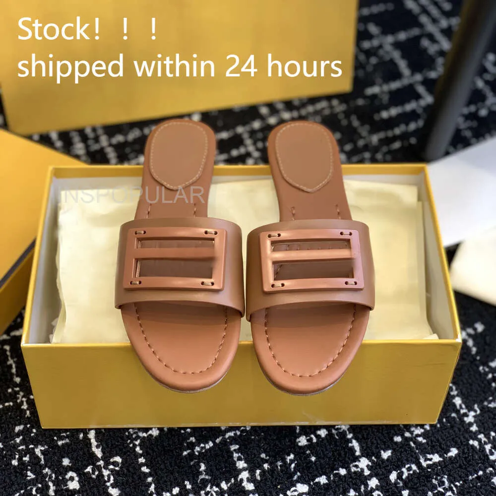 FF BAGUETTE Logo Leather Slide Sandals Women's Slippers Luxury Designer Womens Shoes Copper Black Green Brown Summer Fashion Slide Beach Slippers 34-41