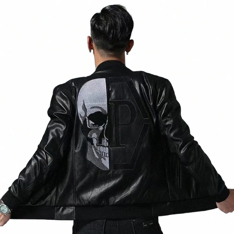 Skull Rhinestone PU Leather Jacket Mens Black Moto Biker Coat