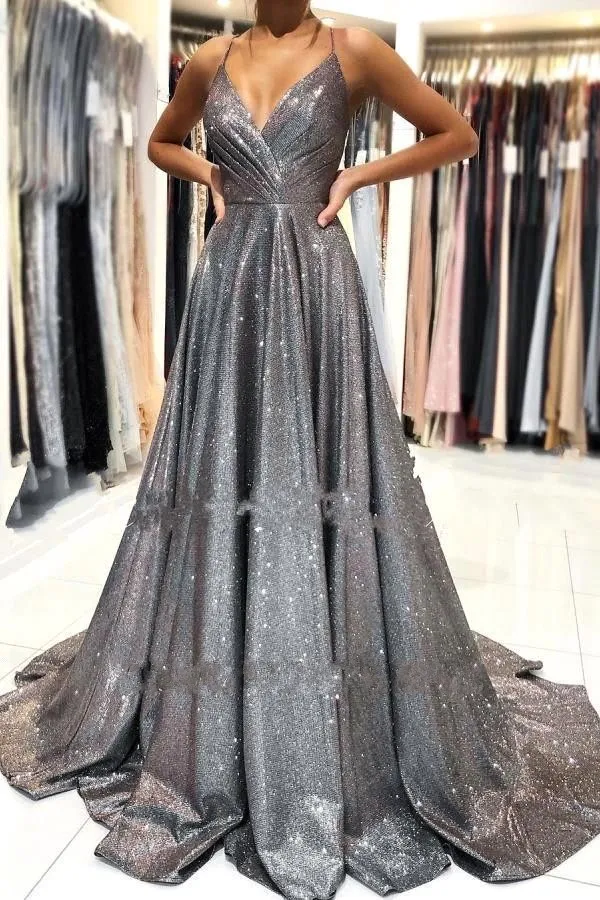 silver backless prom dress Wholesale Open Back Silver Sequins Evening Dress Fit and Flare Spaghetti Straps Fomral Dressn main image 1