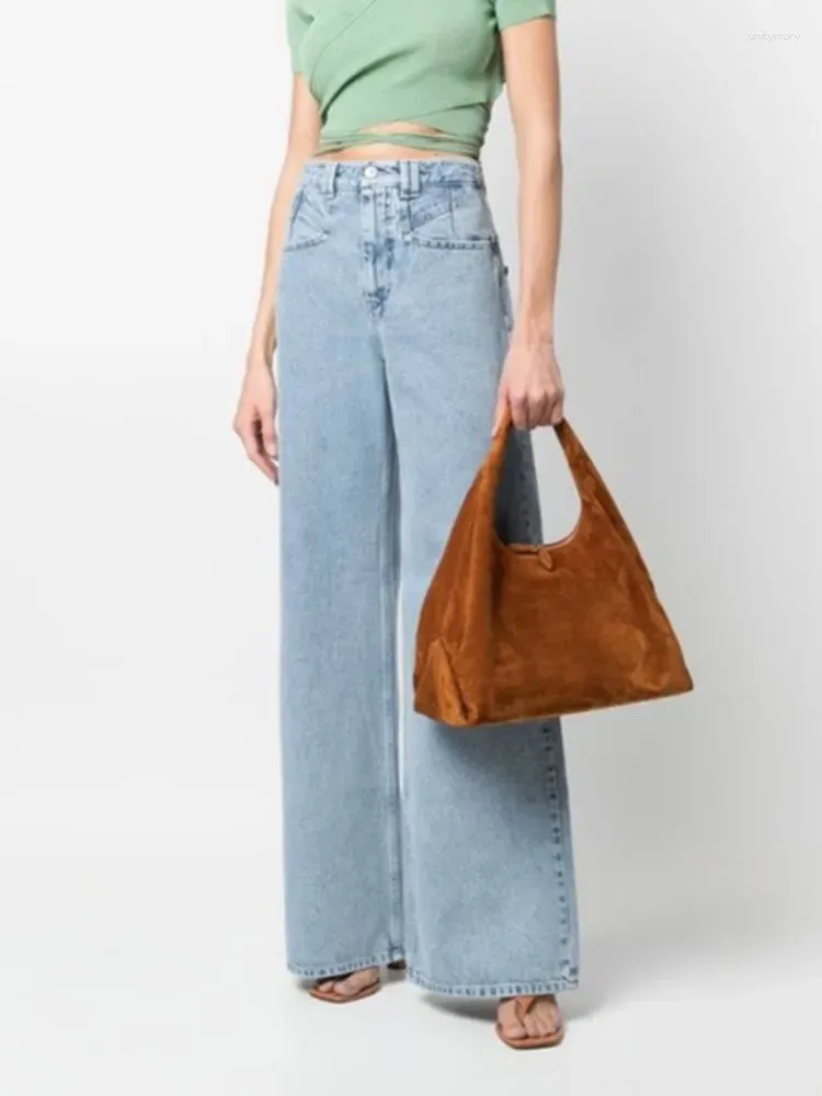 Kvinnors jeans brett ben 2024 Autumn High midja blixtlås Löst casual denimbyxor