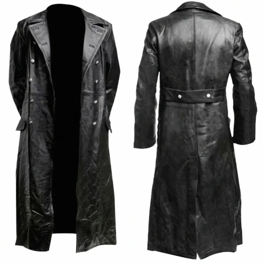 tpjb UOMO Giacche CLASSICO TEDESCO Ecopelle WW2 UNIFORME MILITARE UFFICIALE NERO TRENCH IN VERA PELLE r6Hj #