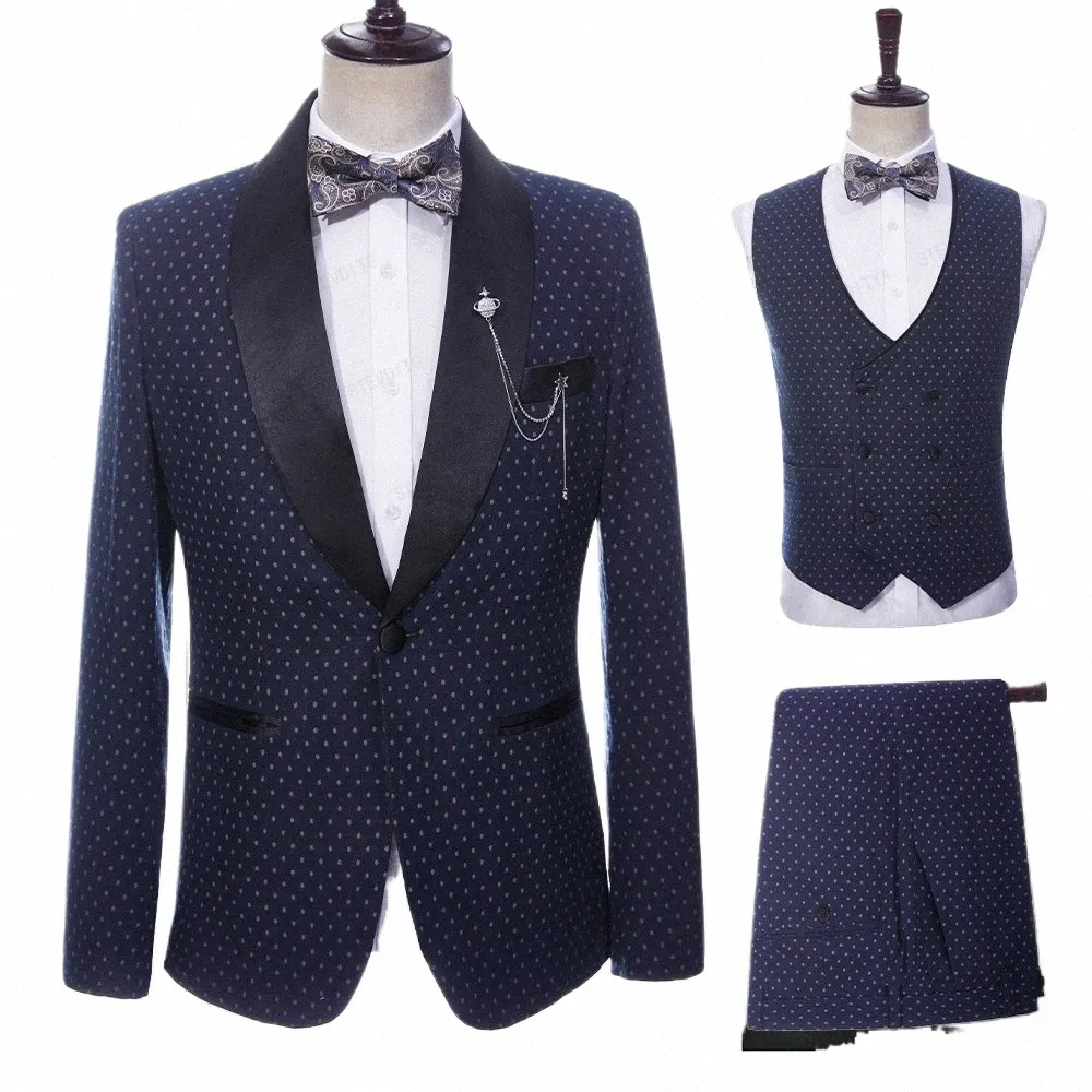 Fi Dot Pattern Hommes Costumes Châle Revers Bleu Marine Slim Fit Costume Homme Busin Party Prom Mariage Marié Chic Blazer 3 Pièces k8cG #