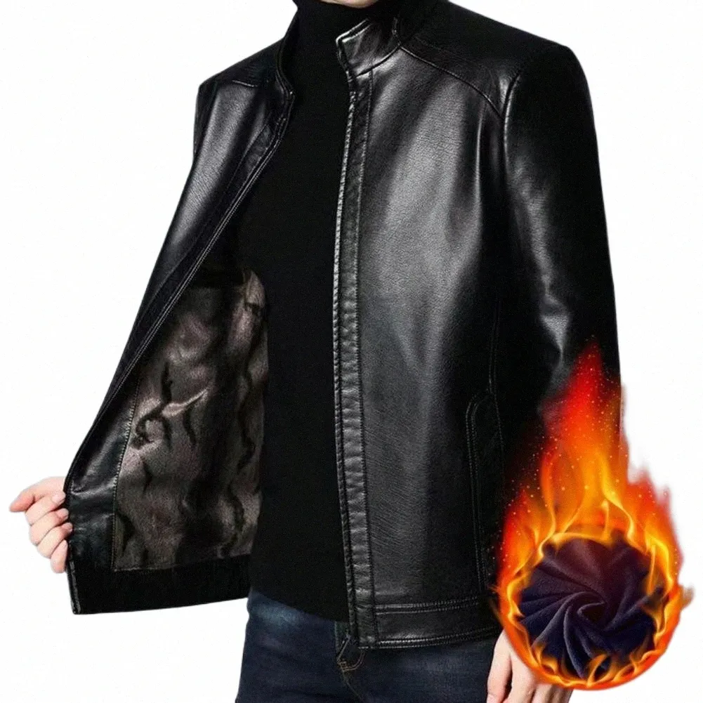 Casaco de couro falso masculino de meia idade jaqueta de couro falso à prova de vento com calor de pelúcia retenti gola casaco de motocicleta m4VJ #