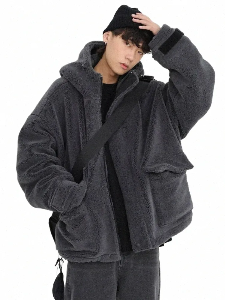 GMiixder Winter 2022 Fake Fur Plat Oversize Cmere Męski zamek błyskawiczny ciemnoszary płaszcz Unisex Hip Hop z kapturem Pluszowy Plush Jacket J6wr#