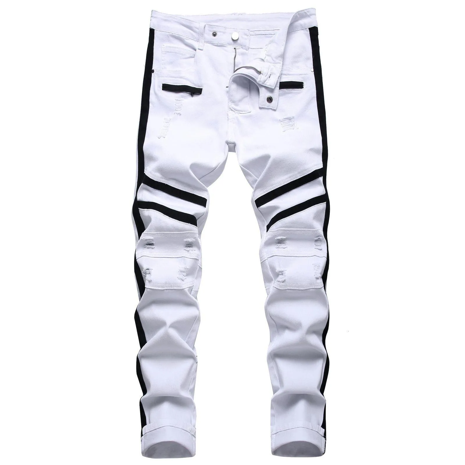 Męskie dżinsy punk Men Zipper Hip Hop Slim Fit White Rower Elastic Split Podzielone dżinsowe spodnie bawełniane moda swobodne jogging męskie ubranie 230909 Dr otqds