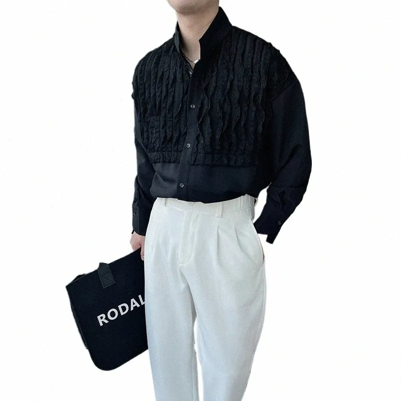 2022 Nya män Persnaliserade lapptäckskjortor LG Sleeve Fi Stand Collar Dr Korean Trendy Style Loose Mane Clothing N96U#