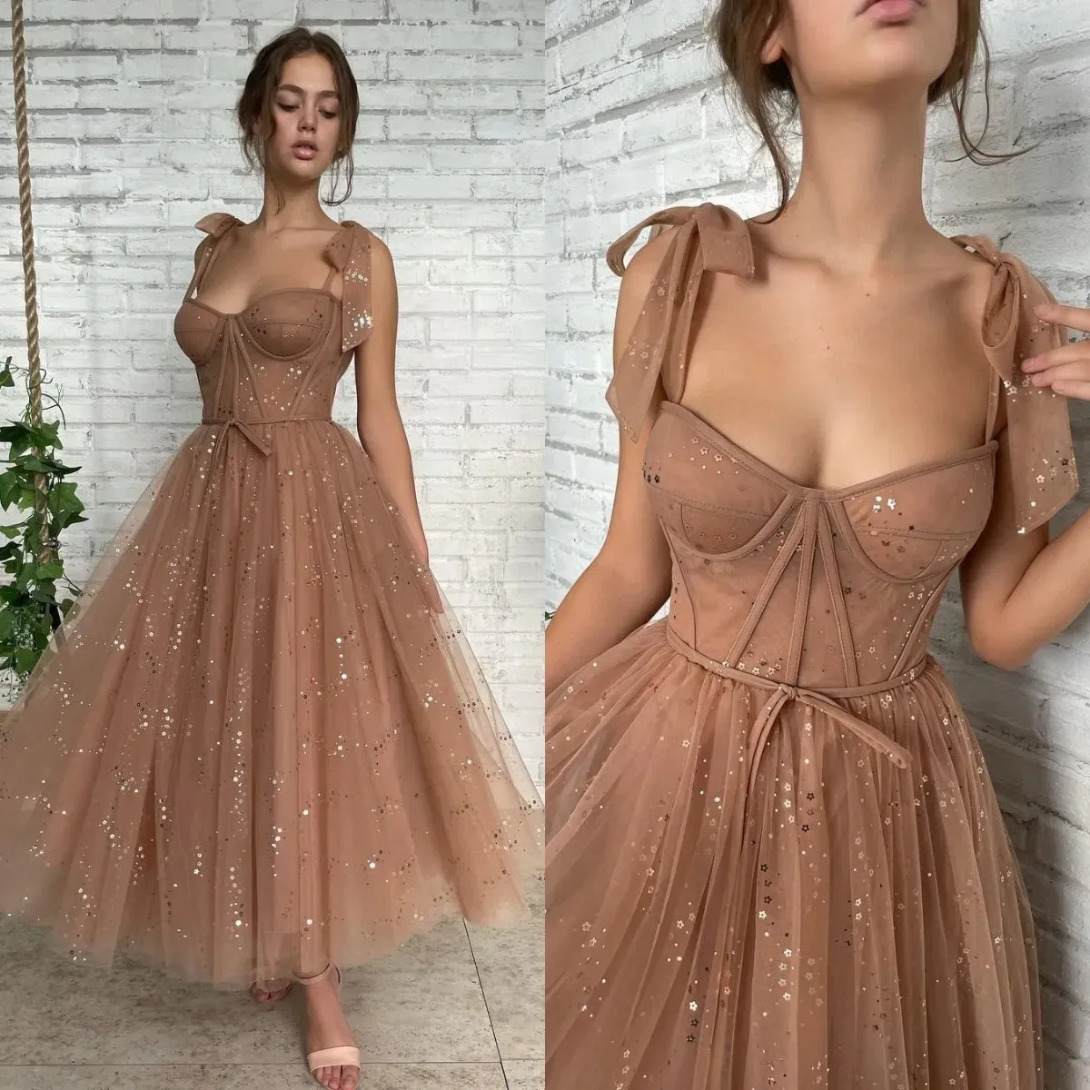 Fashion Brown Homecoming Dresses Spaghetti Prom Party Gown Ankle Length Homecoming Dress A Line