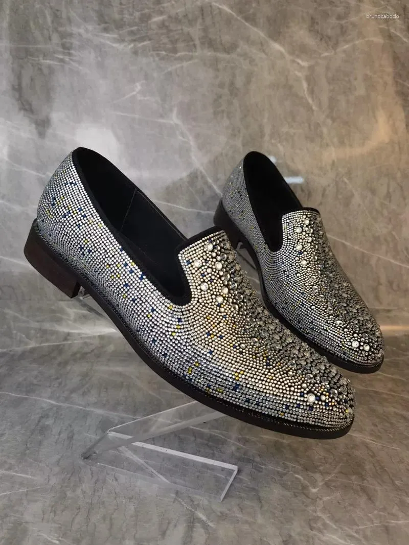 Chaussures décontractées Qianruiti luxe à la main strass mocassins hommes cristal robe de soirée de mariage bout rond Oxford pour homme