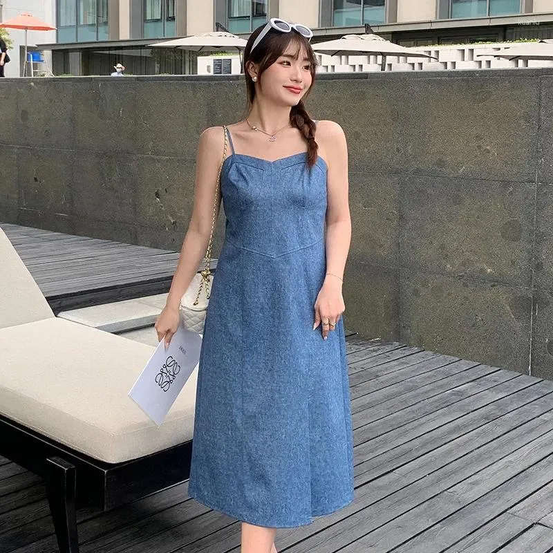 Vestidos casuais verão grande tecido macio deslizamento vestido feminino retro quadrado pescoço imitação denim fino ajuste azul vestidos split longo