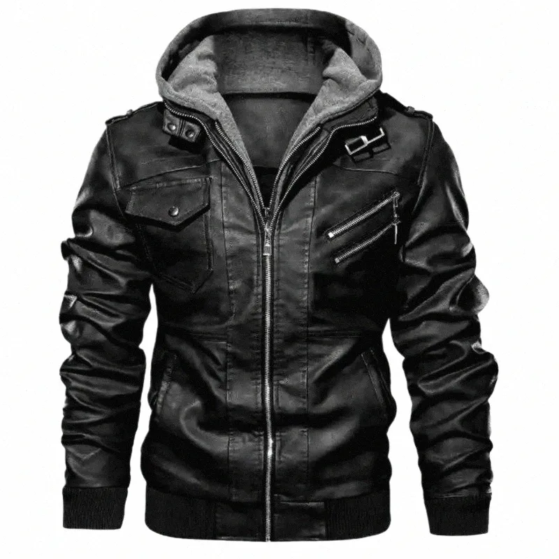 新しいFi Male Street Wear Motorcycle Leather Jackets Hat Detachable Menフード付き革のジャケットスリムカジュアルレザーコート5xl R5EJ＃