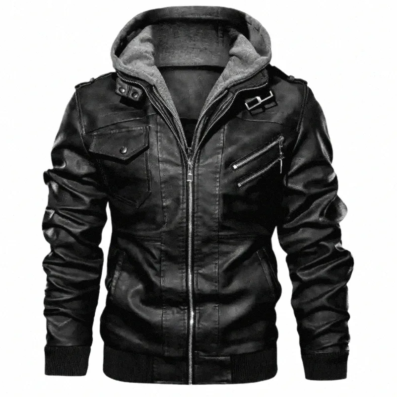 Nouveau Fi Male Street Wear Moto Vestes en cuir Chapeau détachable Hommes Vestes en cuir à capuche Slim Casual Manteaux en cuir 5XL r5ej #