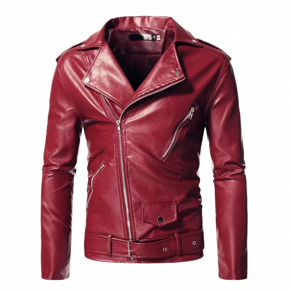 Cadena roja Decorati motocicleta bombardero chaqueta de cuero hombres otoño cuello vuelto Slim Fit abrigos de cuero masculino S-5XL F1mw #