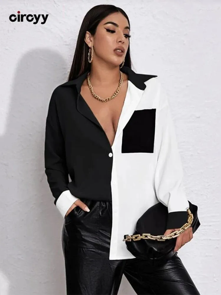 Bluzki damskie Cirlyy koszule dla kobiet Tops Black White Patchwork Designer Pockets Casual Blouse Single Beded Shirt Lose długi rękaw