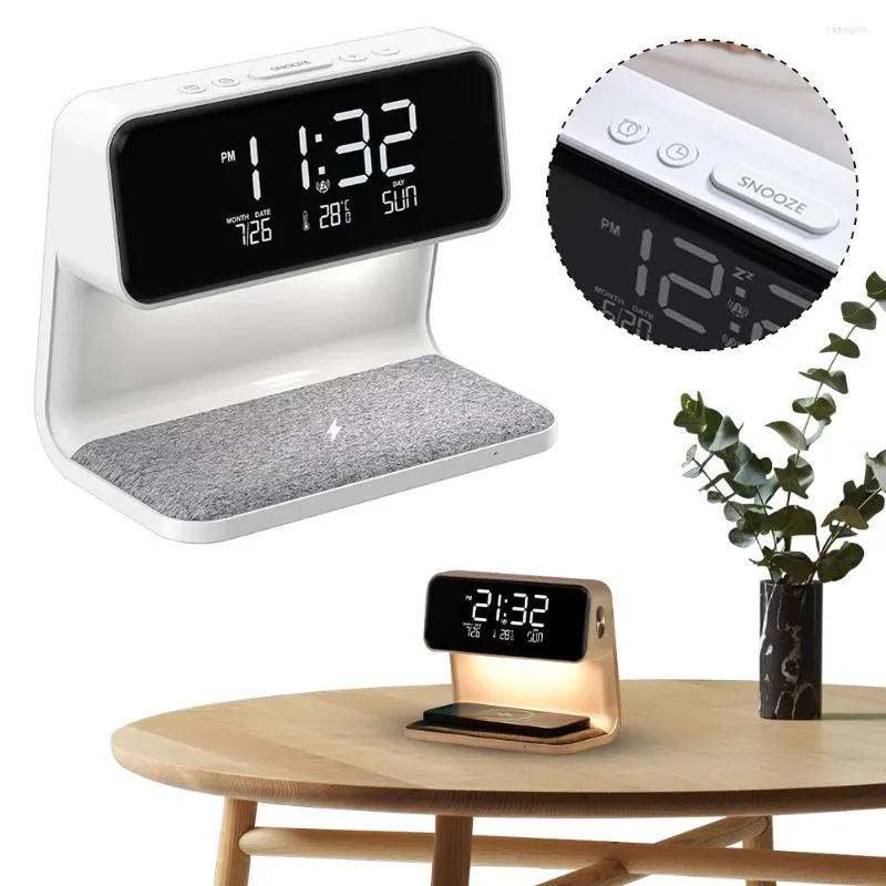 Horloges de table 3 en 1 Calendrier numérique Réveil Chargeur sans fil rapide avec lampe à intensité variable pour chambre à coucher