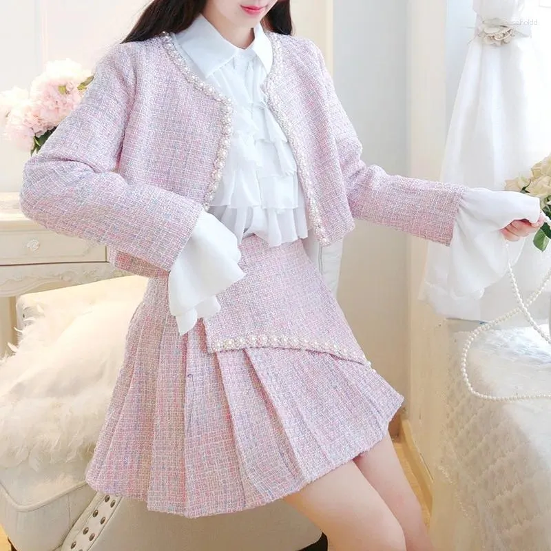 Work Dresses YUZACDWX 2024 Women Autumn Sweet Tweed 2 Piece Set Pearls Beading Short Jacket Fashion Female Coat Mini Pleated Skirt