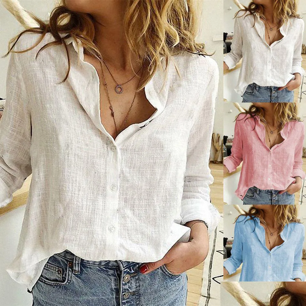 Womens T-Shirt Designer Shirt Frauen Tops Bluse White Button Down Shirts Casual V Hals Arbeit Blusen 3/4 Ärmeln Leichte Feste Farbe otrwz