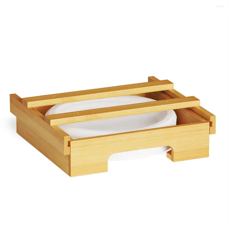 Kitchen Storage 10-Inch Paper Plate Dispenser Under Cabinet Bamboo Plates Holder Counter Vertical Wood Color