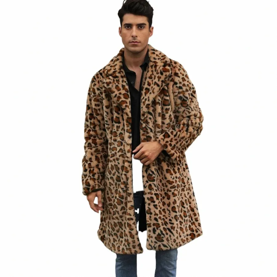 män faux pälsjacka kappa vinter tjock leopard lg hylsa varma rockar raggy ytterkläder lyx pälsjacka btjas jackor mens q84a#