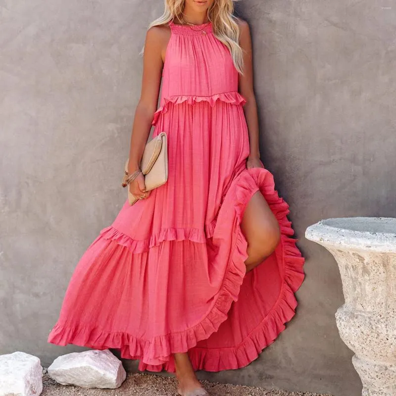 Freizeitkleider Sommer Boho Maxikleid Damen Urlaub Neckholder ärmellos abgestufter Strand locker schwingend gesmoktes Rüschen-Sommerkleid