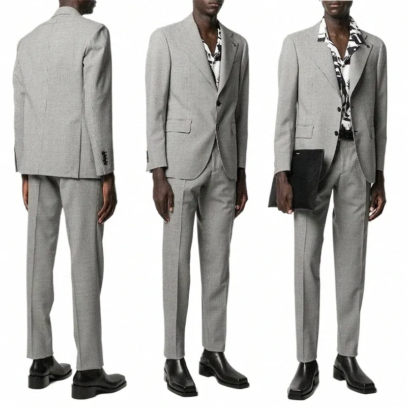 Duas peças Houndstooth Men Suits Fit Slim Custom Made Bonito Cott Spring Suits Two Butt Formal Busin Coat + Pant x8NJ #