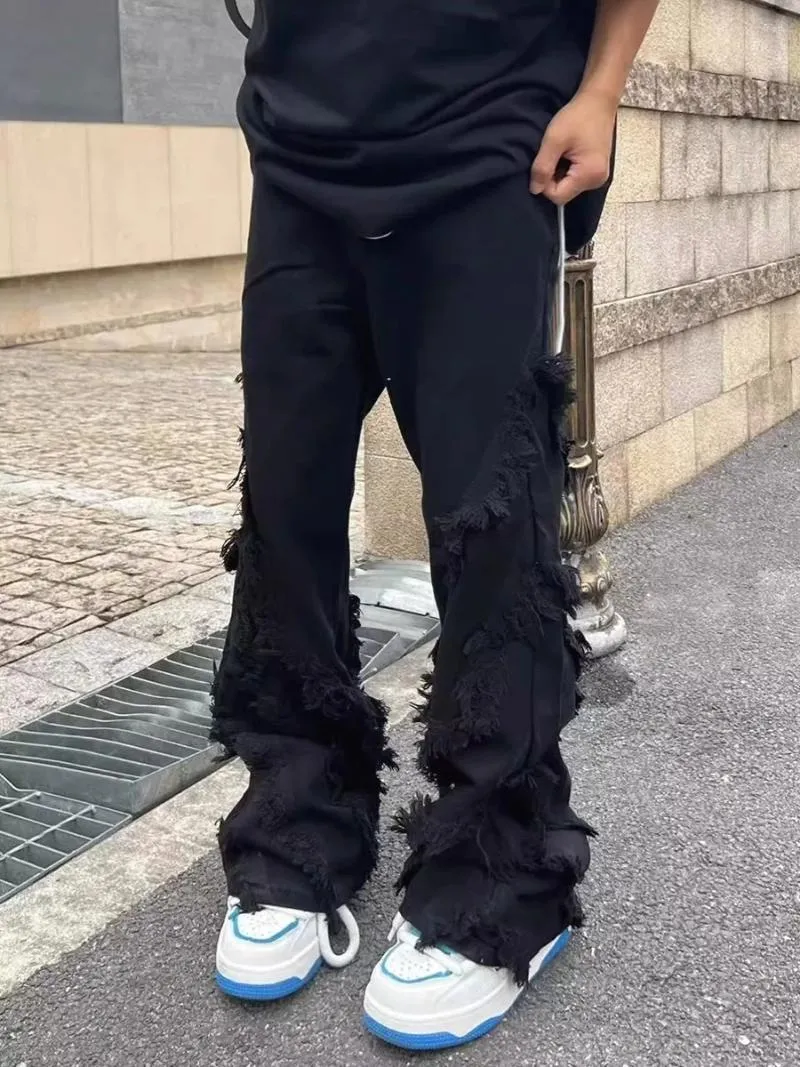 Men's Jeans American High Street Tassel Stitching Edging Hiphop Straight Slightly Flared Retro Long Pants