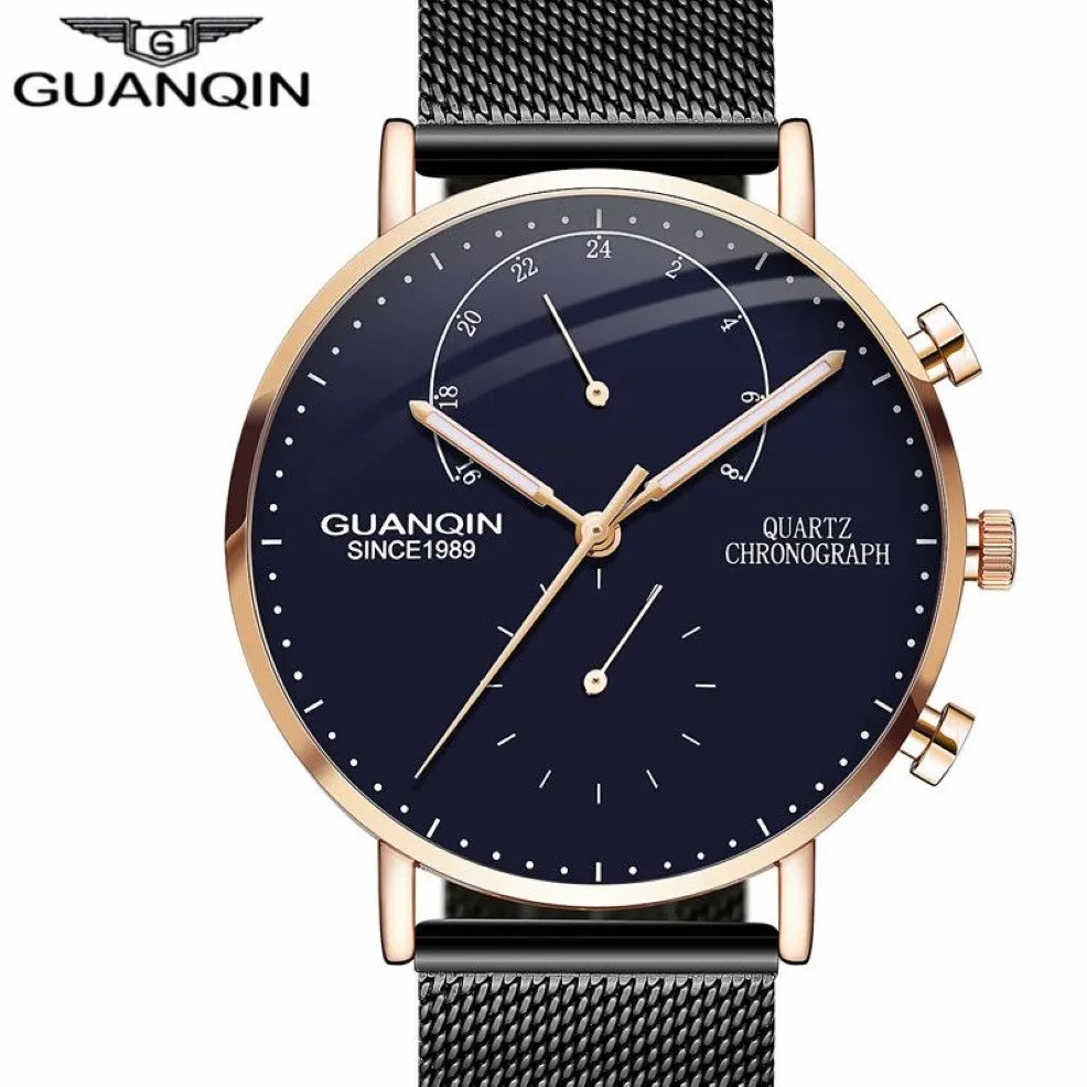Nya Guanqin Mens Watches Top Brand Luxury Chronograph Luminous Hands Clock Men Business Creative Mesh Strap Quartz Watch318g