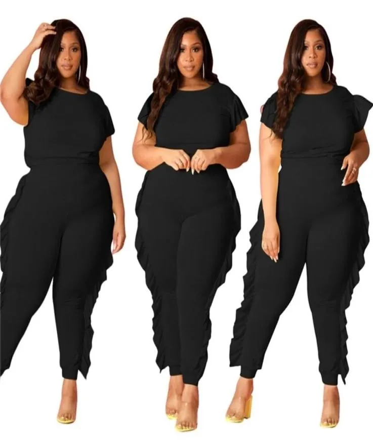 Preto conjunto de duas peças feminino mangas curtas topos fungo borda calça ternos estilo lazer fino plus size roupas gota inteira 2110298702727