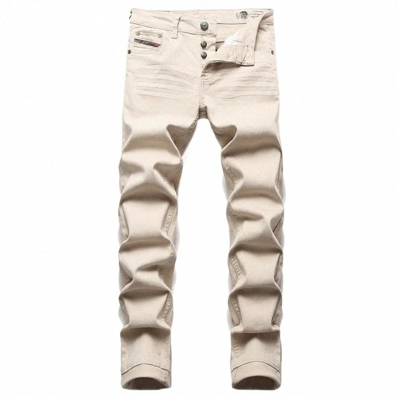 Heren Jeans Eenvoudige Sfeer Pure Kleur Casual Broek Midwaist Borduren Fi Denim Broek Slanke Stretch Streetwear T6Pf #
