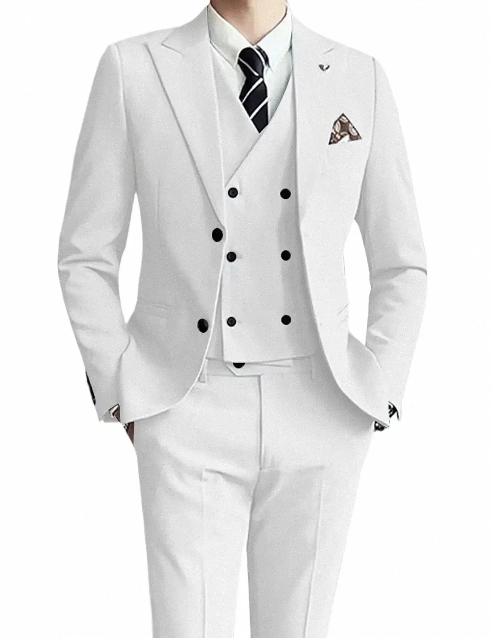 2024 Solido Bianco Abito da Uomo Formale Matrimonio Groomman Smoking Doppio Petto Elegante Slim Fit Blazer 3 Pezzi Set Vestido De Novia 532A #