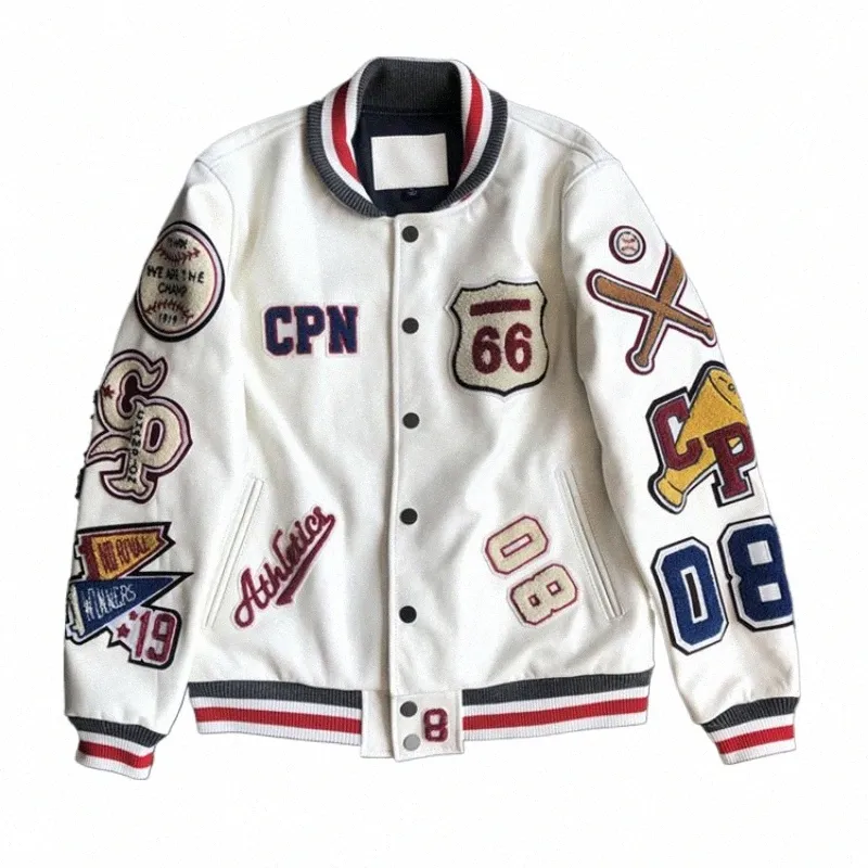 multi-letter embroidery white baseball uniform men's explosive style baseball uniform leather jacket heavy industry coat W29F#