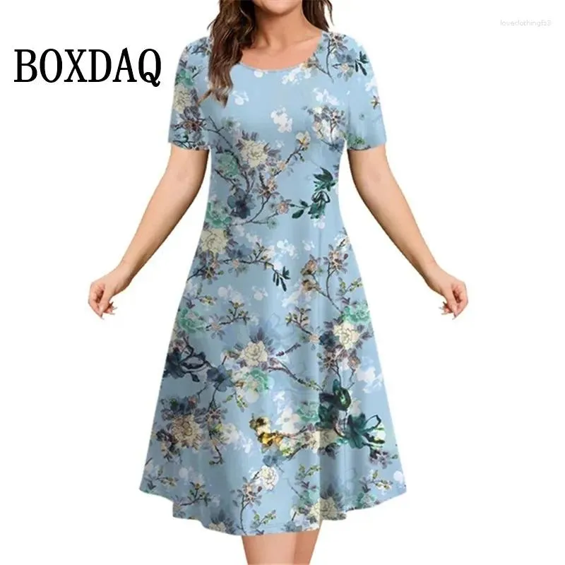 Abiti casual Fiori di piante Stampa Abbigliamento estivo a maniche corte da donna 2024 Abito femminile Retro Ladies Loose Plus Size