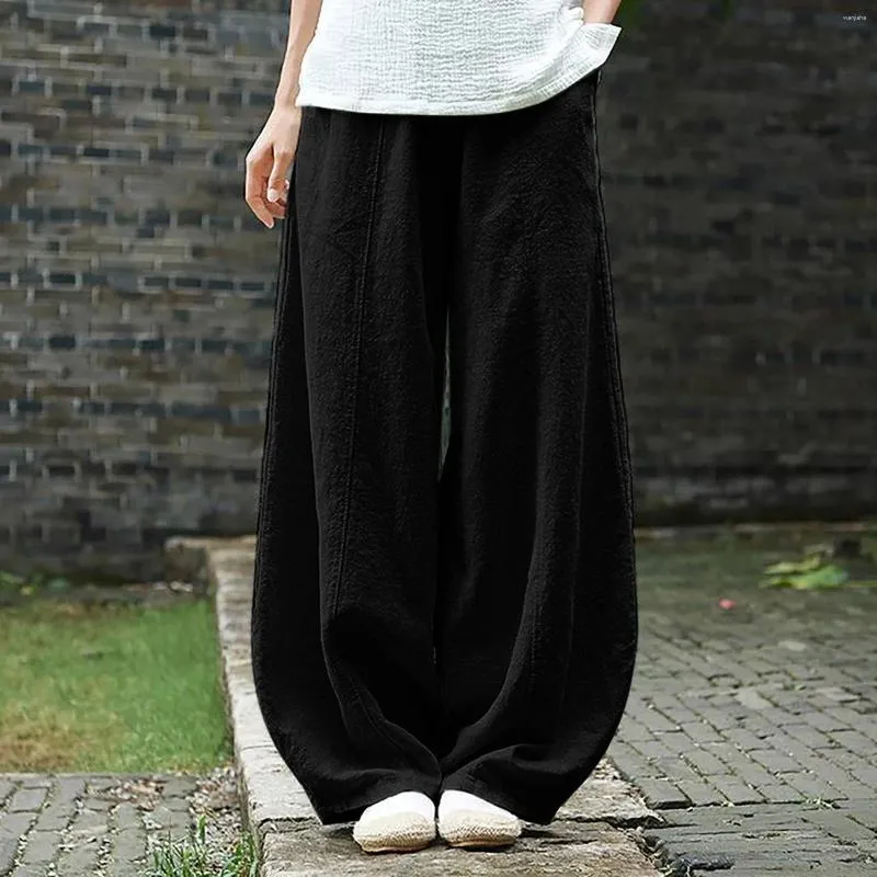 Calças femininas soltas elásticas com bolso casual elástico respirável calças de algodão cintura alta perna larga magro calcinha longa 2024