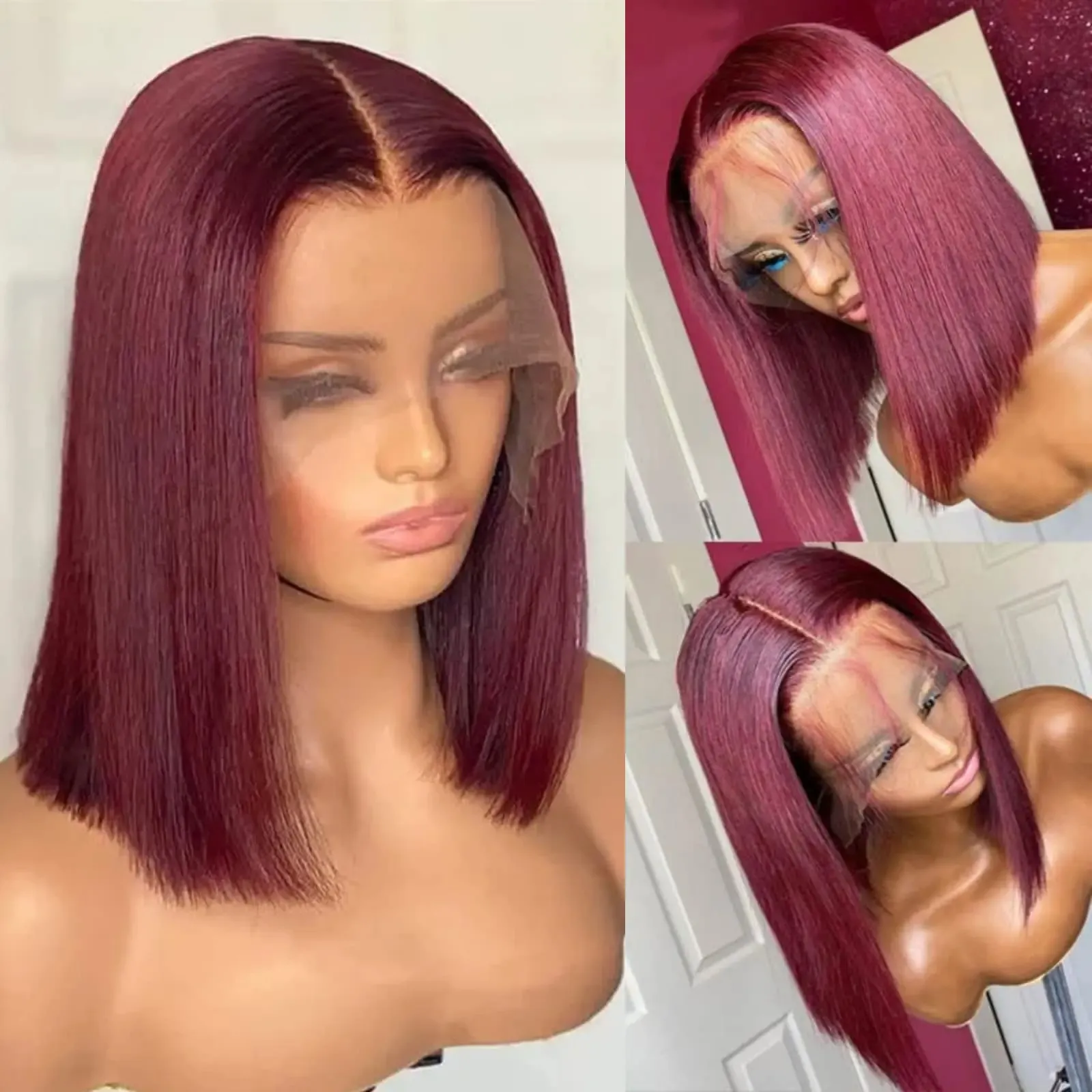 Perruque Bob Lace Front Wig naturelle bordeaux 99J, cheveux courts, 13x4 HD, naissance des cheveux naturelle pre-plucked