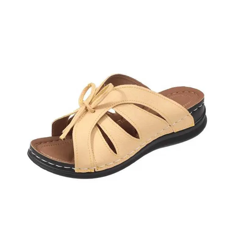 Slippers Slippers Retro Bow Sandals Summer Roman Platform Women Outdoor Comfort Leather Peep Toe Casual Shoes Flats H240326052L