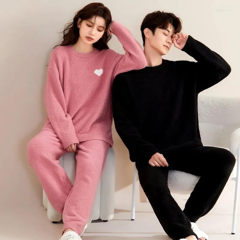 Mulheres sleepwear est casal pijama conjunto flanela mulheres homens quentes velo pijama amantes de inverno sólido quimono