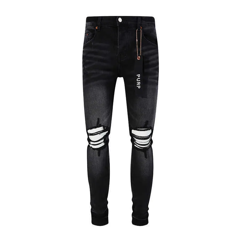 Amerikaans modemerk Pur nieuwe zwarte knie gescheurde jeans voor heren, gewassen en gemalen witte elastische slim fit legging