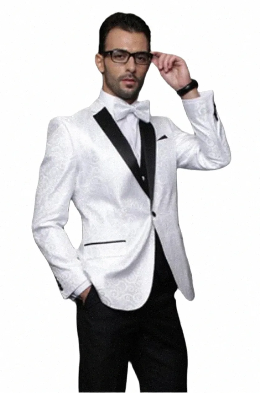 italian Style White And Black Groom Tuxedos Slim Fit Mens Wedding Suits Bridegroom Attire Groomsman Suit Jacket+Pants+Vest n9cO#