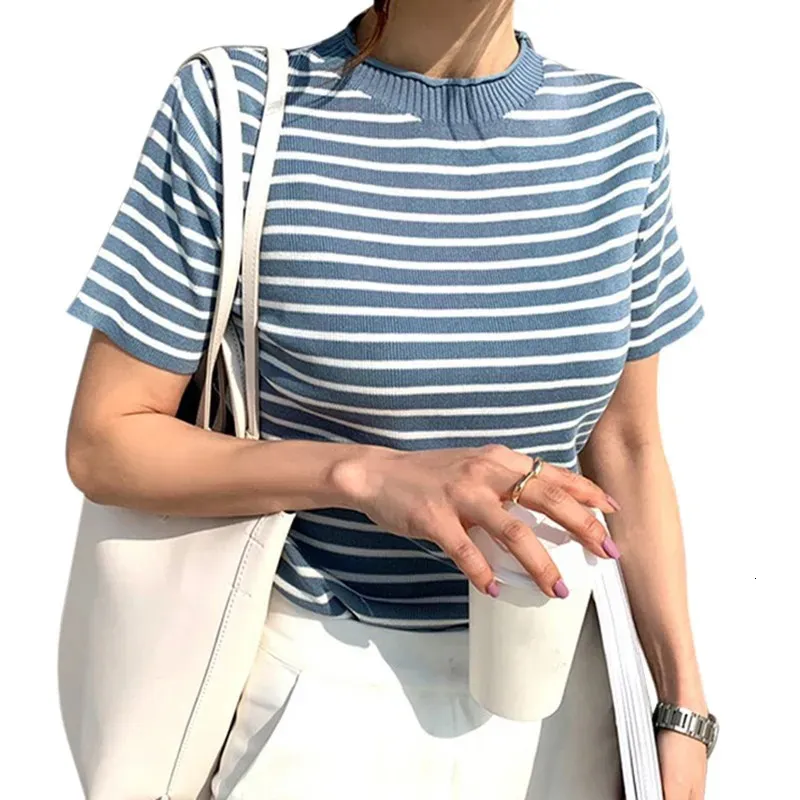 Summer cream T-shirt womens short sleeved cute t-shirt striped slim knit top short sleeved collar 240327