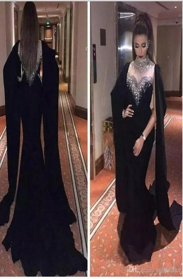 Sexy árabe preto sereia vestidos de noite alta pescoço longo vestidos de baile bainha concurso formal vestido de baile com envoltório 20193674556