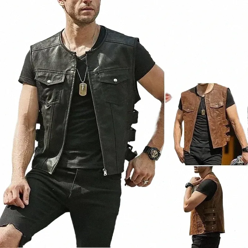 elegante gilet da motociclista in ecopelle da uomo, girocollo e giacca in pelle PU con maniche, primavera, autunno, nuovi arrivi D7ej #