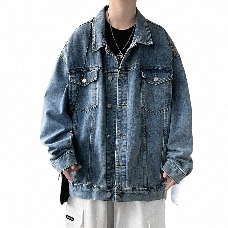 Abbigliamento da uomo New Baggy Giacca di jeans Tinta unita Casual Coreano Fi Harajuku Oversize Blu Streetwear Maschile Butt Coat T5yF #