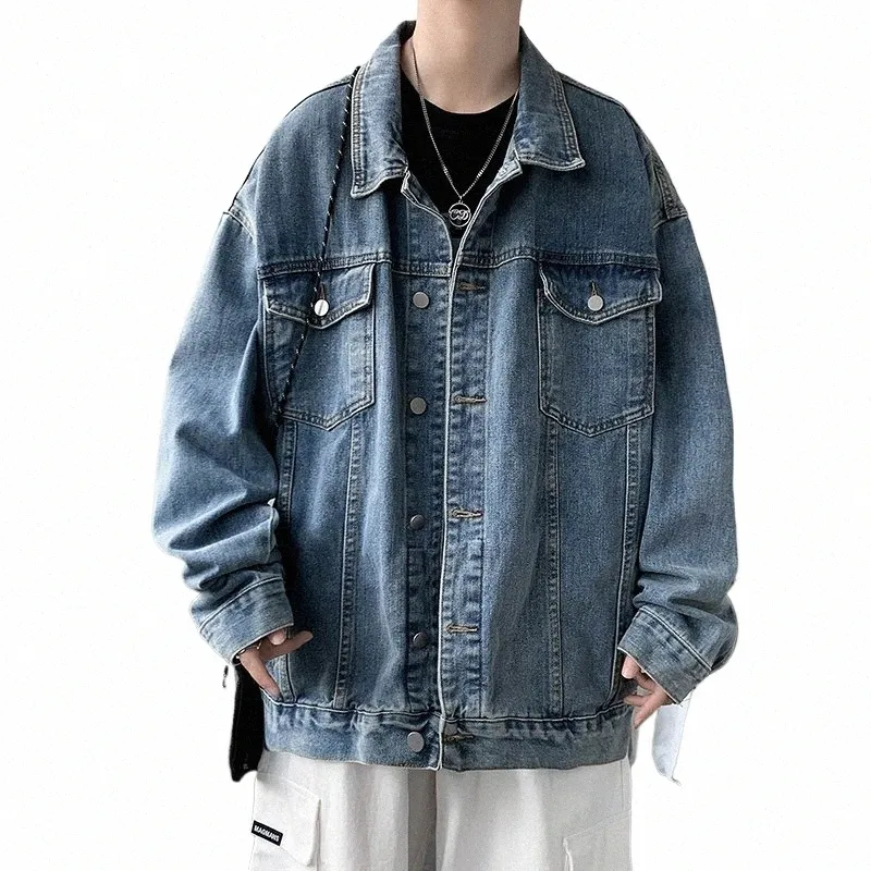 herrekläder Ny baggy denimjacka fast färg Casual koreansk Fi Harajuku överdimensionerade blå streetwear manlig rumpa t5yf#