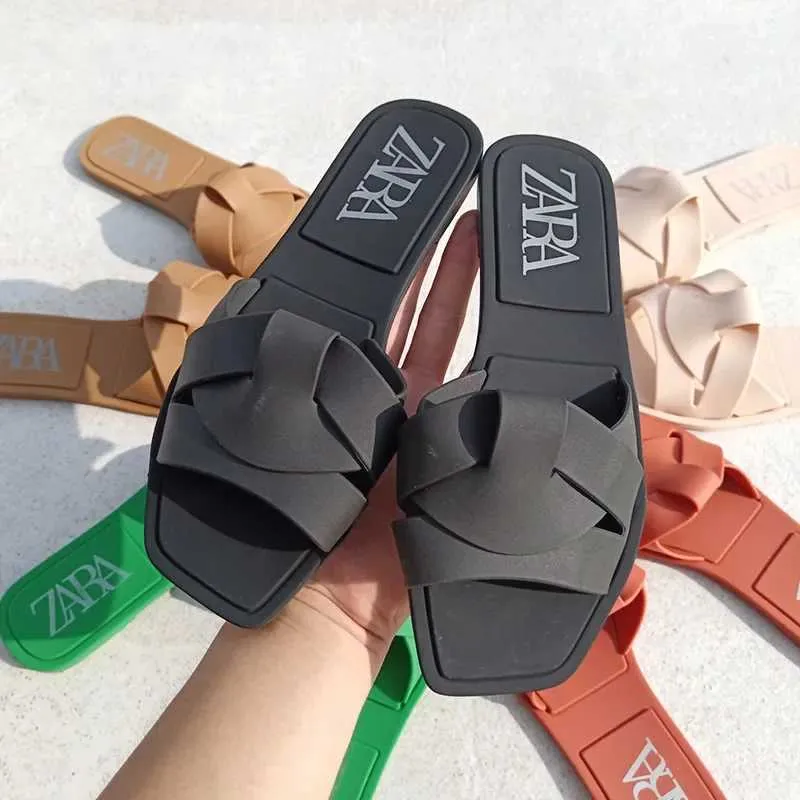 Slippers Slippers Summer Slide Womens PVC Flat Soes Square Toe Solid Color Outdoor Beach Fashion and Leisure 2023 New Pantuflas Unprinted Good Product H24032609A3