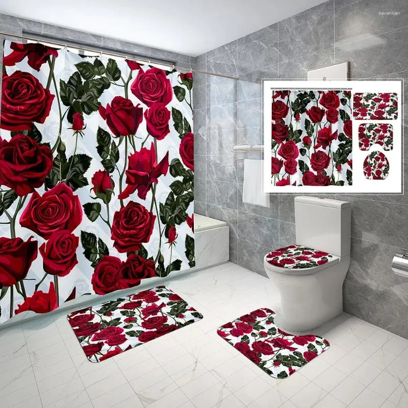 Rideaux de douche, ensemble de rideaux de fleurs, plantes florales, tapis de toilette antidérapant, fond coloré, Style Simple, décoration de salle de bain à domicile