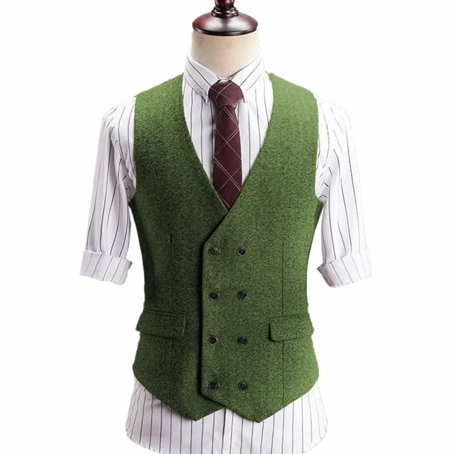 Vert Gris Marron Costume Gilet De Mariage Laine Tweed Busin Gilet Casual Fit Col En V Gilets À Double Boutonnage Pour Garçons D'honneur 374R #