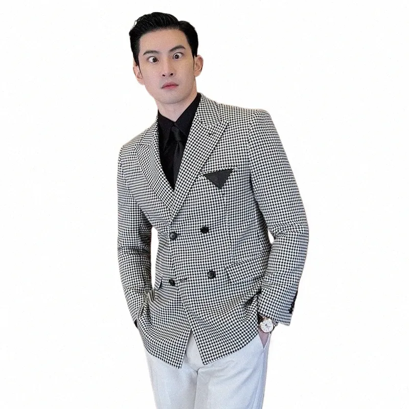 shawl Collar Double-Breasted Houndstooth Color Matching Suit Jacket, Men's Leather Pocket Decorative Suit L8Jy#