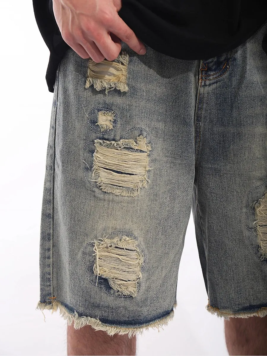 【KOOLOSET】Vintage Damage Bermuda Denim DHgate.com:Brushed Blue Raw Edge Vintage Denim Shorts for