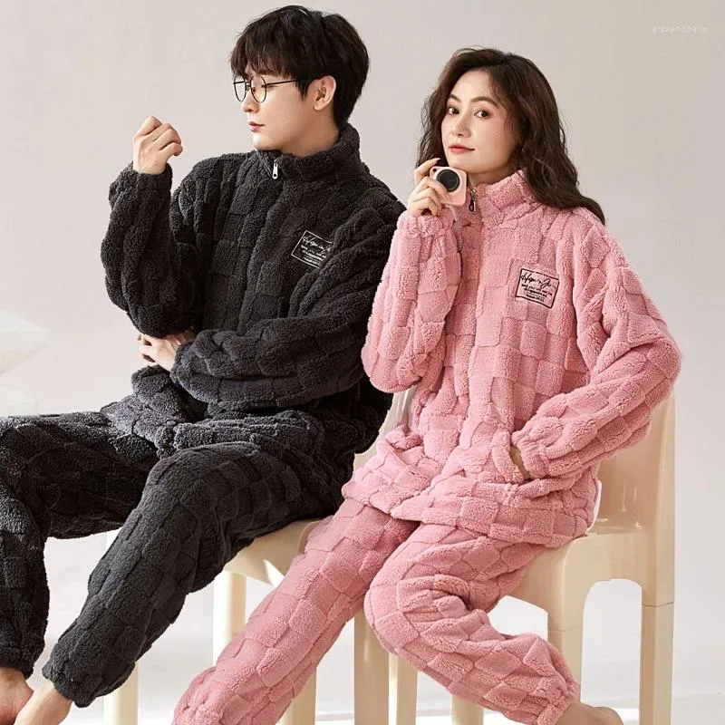 Mulheres sleepwear coreano coral velo homewear mulheres e homens combinando pijamas conjunto para inverno quente casal pijama pareja masculino